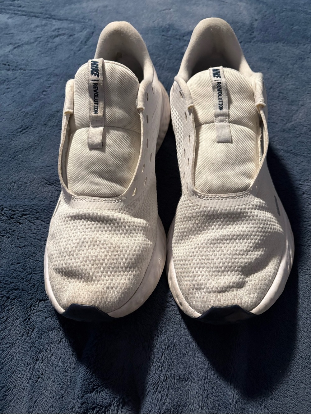 Nike Revolution 5 White Slip-On Mesh Trainers with Navy Accents